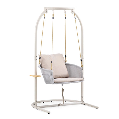 Fauteuil suspendu Skylo beige avec structure en métal blanc et coussin d'assise clair de hjh LIVING