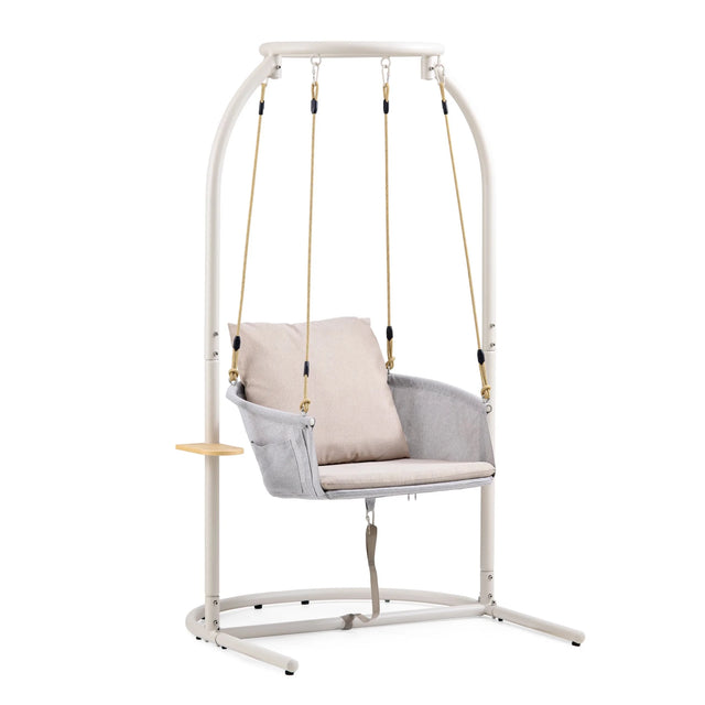 Fauteuil suspendu Skylo beige avec structure en métal blanc et coussin d'assise clair de hjh LIVING