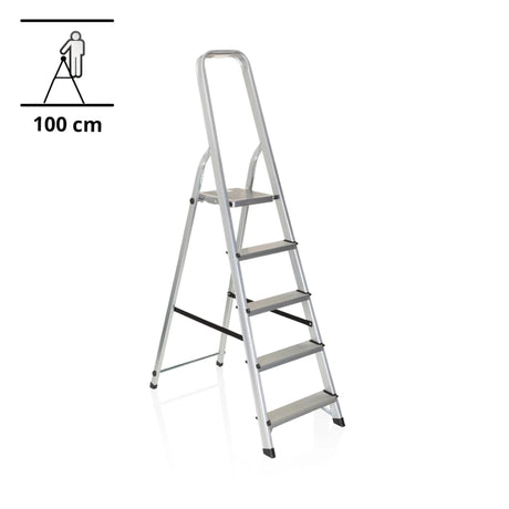 Échelle pliante en aluminium SOLID III avec cinq marches et barre de sécurité de hjh OFFICE