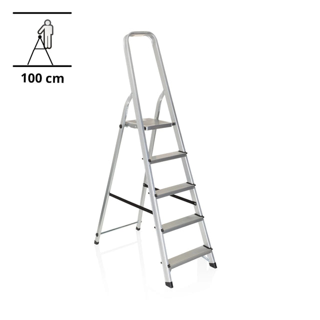 Échelle pliante en aluminium SOLID III avec cinq marches et barre de sécurité de hjh OFFICE