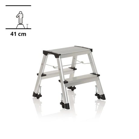 Échelle pliante à deux marches SOLID VI en aluminium argenté avec pieds en caoutchouc noirs de hjh OFFICE