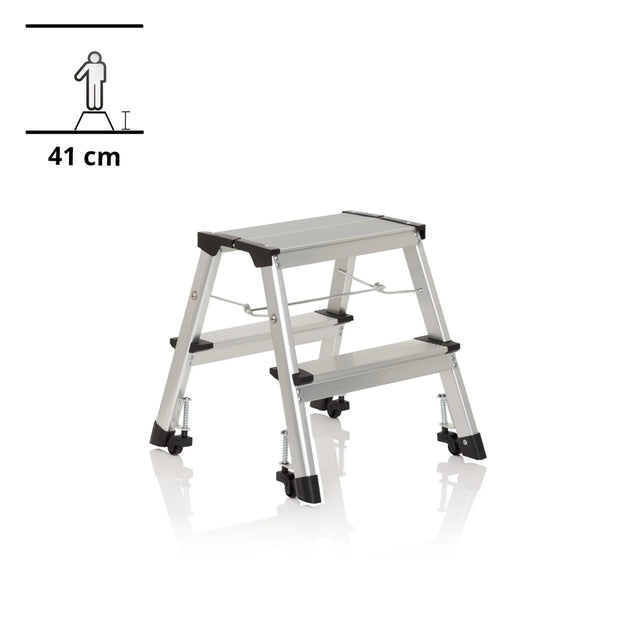 Échelle pliante à deux marches SOLID VI en aluminium argenté avec pieds en caoutchouc noirs de hjh OFFICE