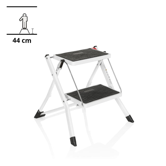 Échelle pliante SOLID W1 blanche avec deux marches noires et une hauteur de 44 cm de hjh OFFICE