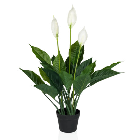 Plante artificielle SPATHIPHYLLUM en vert et blanc avec trois fleurs dans un pot noir de hjh OFFICE