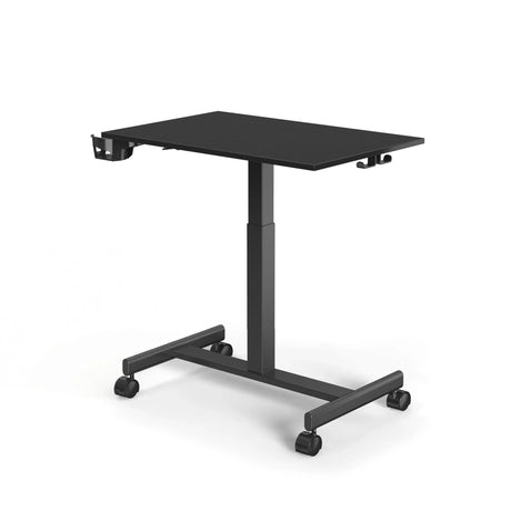 Bureau assis-debout noir Stand K avec un plateau rectangulaire et quatre roulettes de hjh OFFICE
