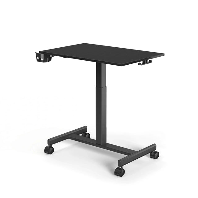 Bureau assis-debout noir Stand K avec un plateau rectangulaire et quatre roulettes de hjh OFFICE