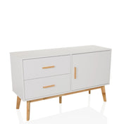 Buffet blanc TAROLO avec deux tiroirs, une porte et des pieds en bois clair de hjh LIVING