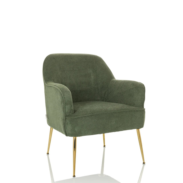 Fauteuil de salon THASSOS vert avec revêtement en tissu structuré et pieds dorés de hjh LIVING