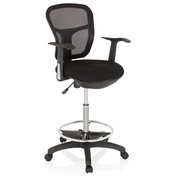 Chaise de comptoir TOP WORK 108 noire avec dossier en maille, repose-pieds et base à roulettes de hjh OFFICE