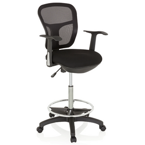 Chaise de comptoir TOP WORK 108 noire avec dossier en maille, repose-pieds et base à roulettes de hjh OFFICE