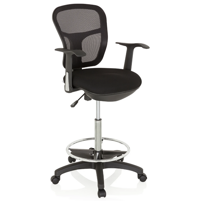 Chaise de comptoir TOP WORK 108 noire avec dossier en maille, repose-pieds et base à roulettes de hjh OFFICE