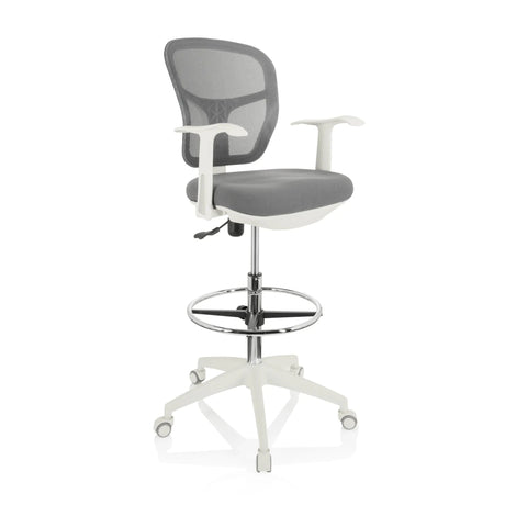 Chaise de comptoir TOP WORK 108 W grise avec dossier en maille et piètement blanc de hjh OFFICE