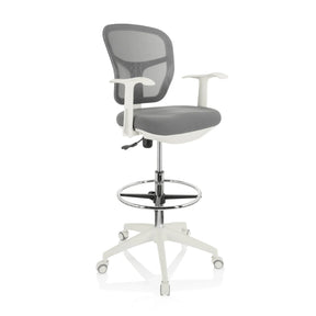 Chaise de comptoir TOP WORK 108 W grise avec dossier en maille et piètement blanc de hjh OFFICE