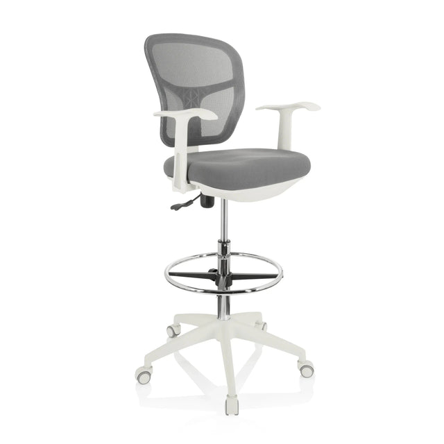 Chaise de comptoir TOP WORK 108 W grise avec dossier en maille et piètement blanc de hjh OFFICE