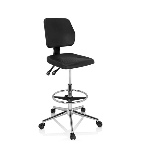 Chaise de comptoir TOP WORK 11 I noire avec repose-pieds et étoile chromée sur roulettes de hjh OFFICE