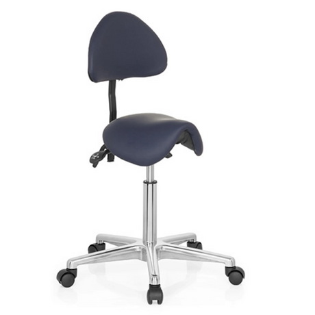 Tabouret de selle TOP WORK 20 bleu avec dossier et piètement en étoile argenté sur roulettes de hjh OFFICE