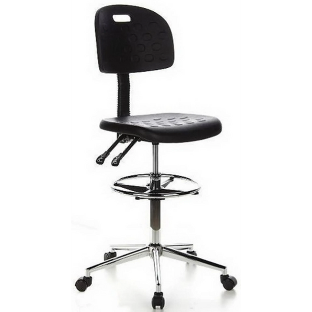 Chaise de comptoir TOP WORK 23 noire avec repose-pieds et pied en étoile chromé sur roulettes de hjh OFFICE