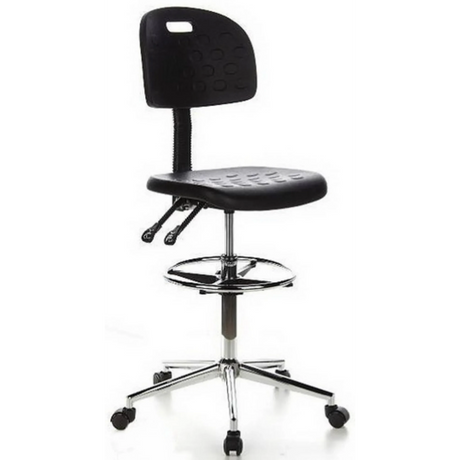 Chaise de comptoir TOP WORK 23 noire avec repose-pieds et pied en étoile chromé sur roulettes de hjh OFFICE