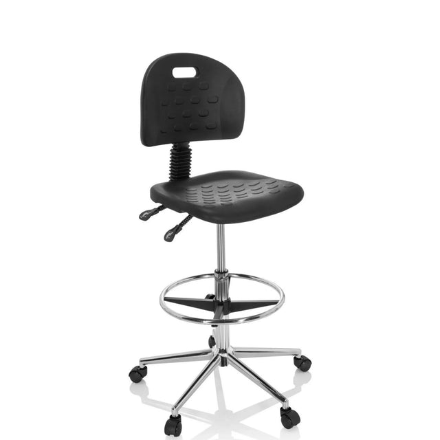 Chaise de comptoir TOP WORK 23 I noire avec repose-pieds, dossier et structure chromée sur roulettes de hjh OFFICE