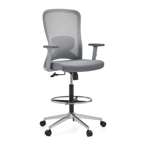 Chaise de comptoir Top Work 44 W grise avec dossier en maille, repose-pieds et base à roulettes de hjh OFFICE