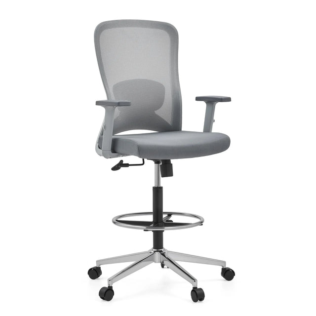Chaise de comptoir Top Work 44 W grise avec dossier en maille, repose-pieds et base à roulettes de hjh OFFICE