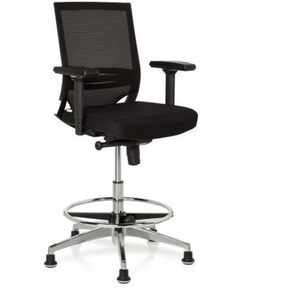 Chaise de comptoir TOP WORK 77 noire avec dossier en maille, repose-pieds et structure en métal brillant de hjh OFFICE