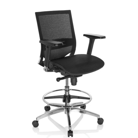 Chaise de comptoir TOP WORK 78 noire avec revêtement en maille, repose-pieds et roulettes de hjh OFFICE