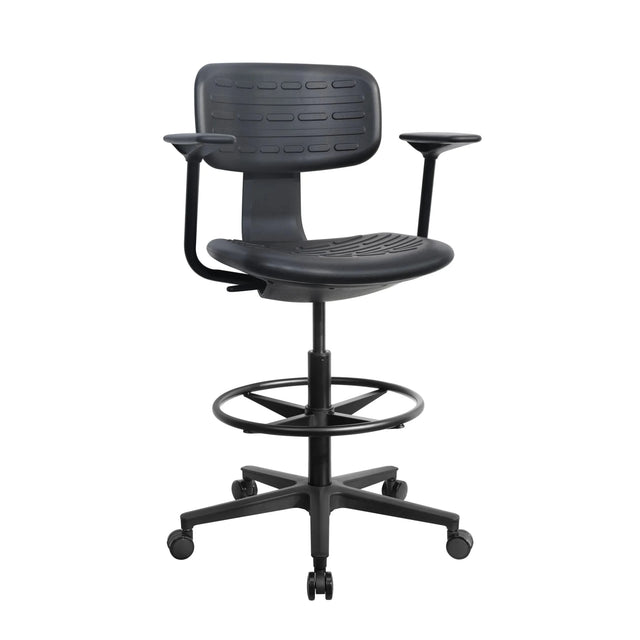 Chaise de comptoir TOP WORK B1 noire avec accoudoirs, repose-pieds et base à roulettes de hjh OFFICE