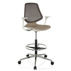 Chaise de comptoir TOP WORK STYLE beige avec dossier en maille et repose-pieds sur roulettes de hjh OFFICE