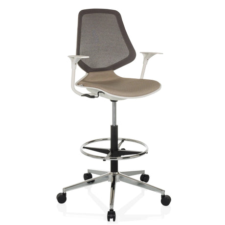 Chaise de comptoir TOP WORK STYLE beige avec dossier en maille et repose-pieds sur roulettes de hjh OFFICE
