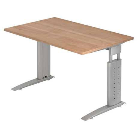 Bureau réglable en hauteur UNDA 12 S avec plateau en noyer et structure argentée de hjh OFFICE PRO
