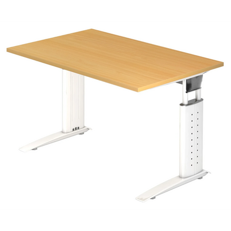 Bureau réglable en hauteur UNDA 12 W avec plateau en hêtre marron clair et piètement blanc de hjh OFFICE PRO