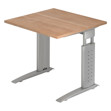 Bureau réglable en hauteur UNDA 8 S avec plateau en noyer et structure argentée de hjh OFFICE PRO