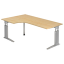 Bureau d'angle réglable en hauteur UNDA 82 S aspect érable avec supports de cadre argentés de hjh OFFICE PRO