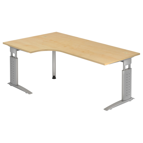Bureau d'angle réglable en hauteur UNDA 82 S aspect érable avec supports de cadre argentés de hjh OFFICE PRO