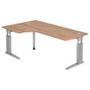 Bureau d'angle réglable en hauteur UNDA 82 S aspect noyer avec structure argentée de hjh OFFICE PRO