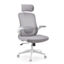 Siège de bureau à domicile Vertuflex en gris avec dossier en maille, appuie-tête et structure blanche de MyBuero