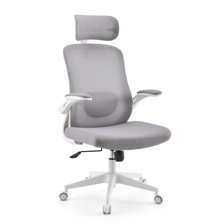 Siège de bureau à domicile Vertuflex en gris avec dossier en maille, appuie-tête et structure blanche de MyBuero