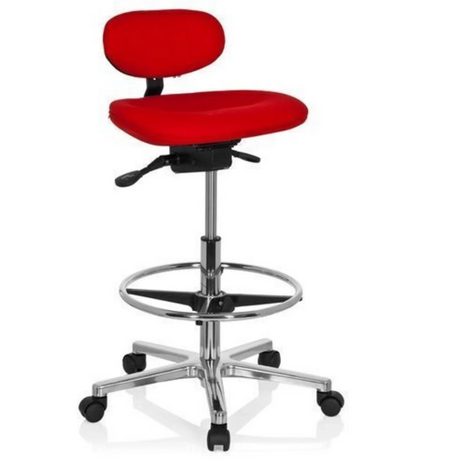 Chaise de comptoir WORK MF rouge avec structure chromée brillante, repose-pieds et roulettes de hjh OFFICE