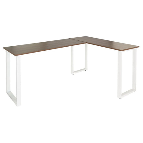 Bureau d'angle WORKSPACE BASIC I avec plateau en noyer brun et pieds blancs en forme de U de hjh OFFICE