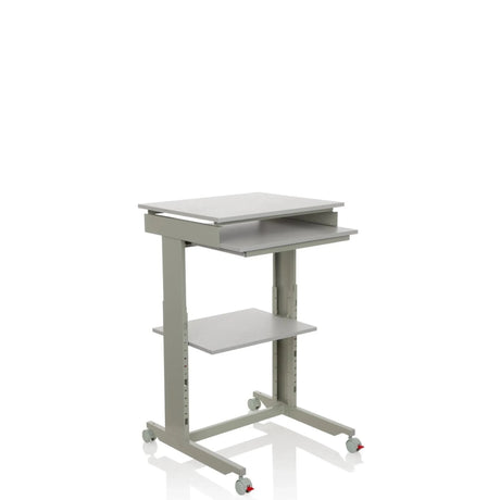Bureau assis-debout WORKSTATION gris avec repose-clavier, une étagère et des roulettes de hjh OFFICE