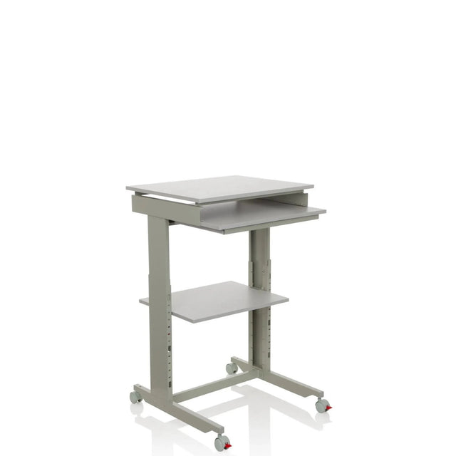 Bureau assis-debout WORKSTATION gris avec repose-clavier, une étagère et des roulettes de hjh OFFICE