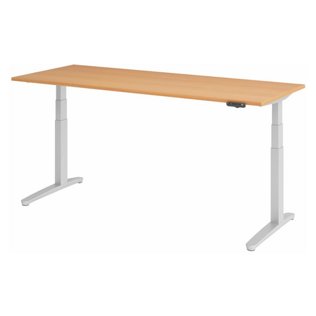 Bureau à hauteur réglable électriquement XBHM 20 SS en hêtre avec piètement blanc et panneau de commande de hjh OFFICE PRO
