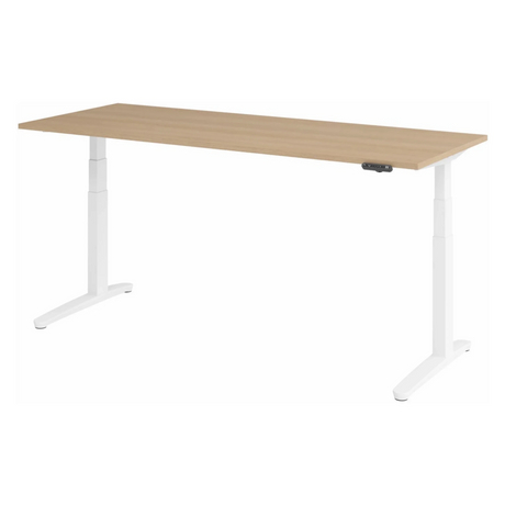 Bureau réglable en hauteur électriquement XBHM 20 WW en chêne avec piètement blanc et panneau de commande numérique de hjh OFFICE PRO