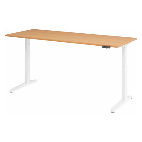 Bureau réglable en hauteur électriquement XBHM 20 WW en hêtre avec piètement blanc et panneau de commande de hjh OFFICE PRO