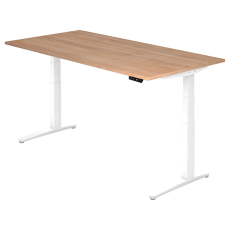 Bureau à hauteur réglable électriquement XBHM 2E WW avec plateau en noyer et structure blanche de hjh OFFICE PRO