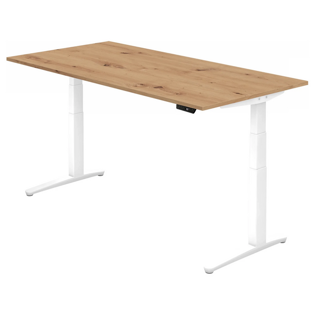 Bureau à réglage électrique de la hauteur XBHM 2E WW en chêne rustique avec piètement blanc de hjh OFFICE PRO