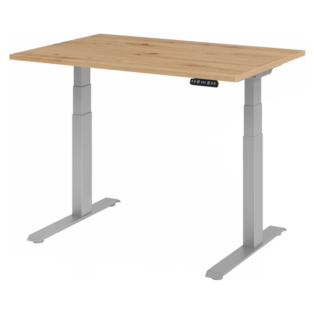 Bureau réglable en hauteur électriquement XDKB 12 S avec plateau en chêne rustique et piètement argenté de hjh OFFICE PRO