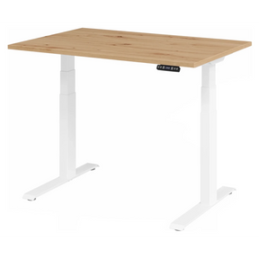 Bureau à hauteur réglable électriquement XDKB 12 W en chêne rustique avec piètement blanc de hjh OFFICE PRO