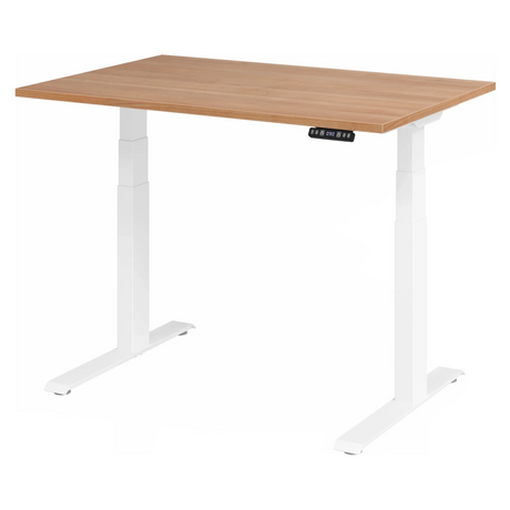 Bureau à hauteur réglable électriquement XDKB 12 W avec plateau en noyer et structure blanche de hjh OFFICE PRO